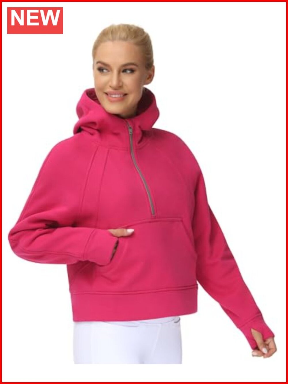 Women's Fleece Lined Half Zip Hoodie Crop Pullover Sweatshirt with Thumb Holes